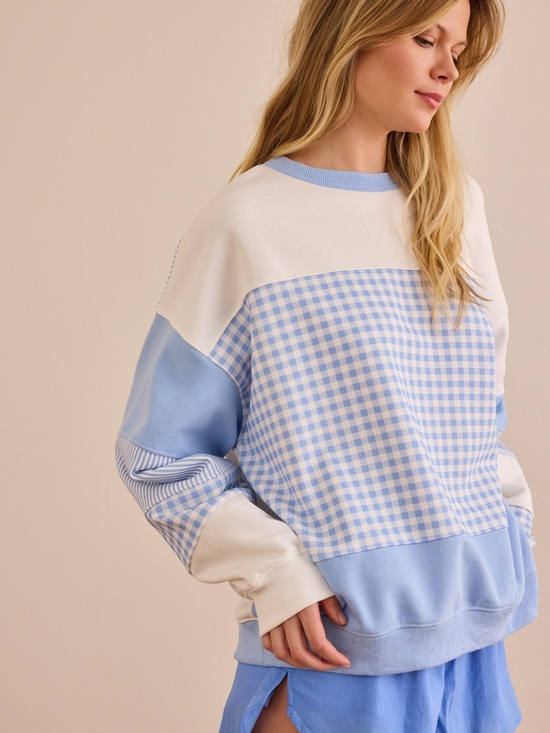 Altar'd State Tops - Altar'd State Light Blue and White Gingham Panel Sweatshirt